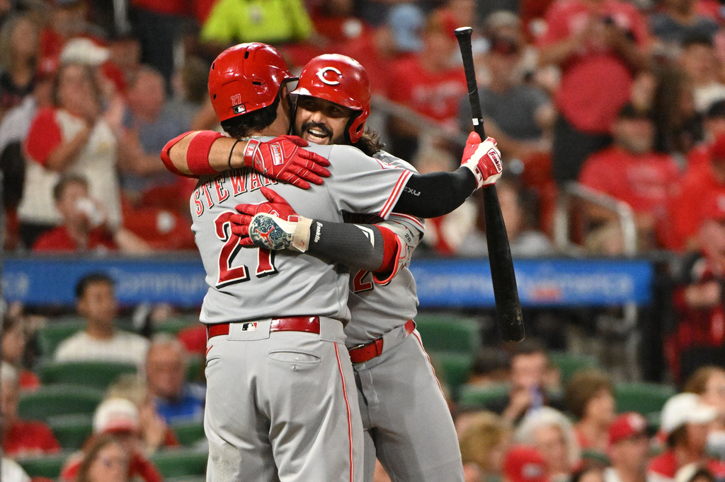 Cincinnati Reds' Eugenio Suárez, right, celebrates with Sal Stewart after hitting a 2-run home run against the St. Louis Cardinals during the seventh inning of a baseball game, Friday, July 24, 2026, in St. Louis. (AP Photo/Jeff Le)