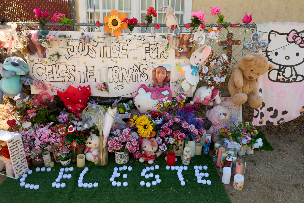 FILE - A makeshift Memorial for Celeste Rivas Hernandez, who was killed and found inside a vehicle owned by singer D4vd, is placed outside her home in Lake Elsinore, Calif., on April 21, 2026. (AP Photo/Damian Dovarganes, file)