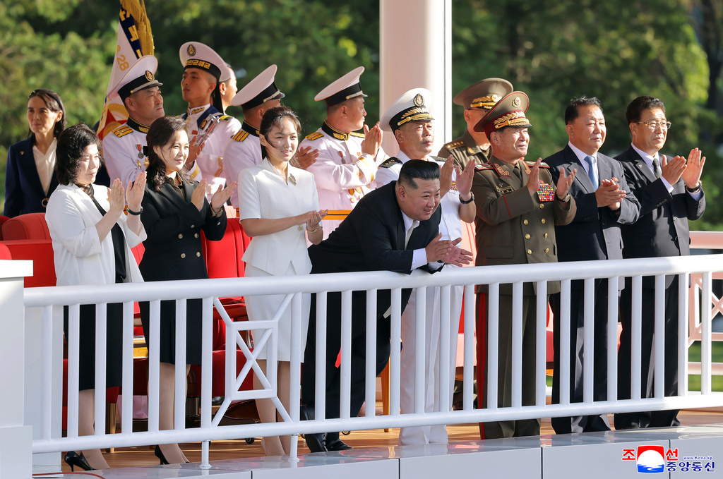 In this photo provided by the North Korean government, its leader Kim Jong Un, front center, his daugther, third left in front, and his wife Ri Sol Ju, second left in front, attend a commissioning ceremony of a destroyer, Kang Kon at a port in Wonsan, North Korea Sunday, Sept. 6, 2026. Independent journalists were not given access to cover the event depicted in this image distributed by the North Korean government. The content of this image is as provided and cannot be independently verified. Korean language watermark on image as provided by source reads: "KCNA" which is the abbreviation for Korean Central News Agency. (Korean Central News Agency/Korea News Service via AP)