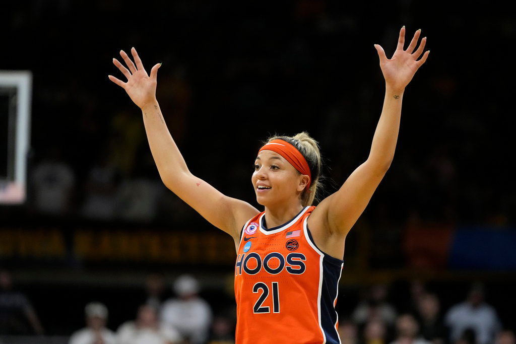 Virginia guard Kymora Johnson reacts to a play during overtime against Iowa in the second round of the NCAA college basketball tournament, Monday, March 23, 2026, in Iowa City, Iowa. (AP Photo/Charlie Neibergall)