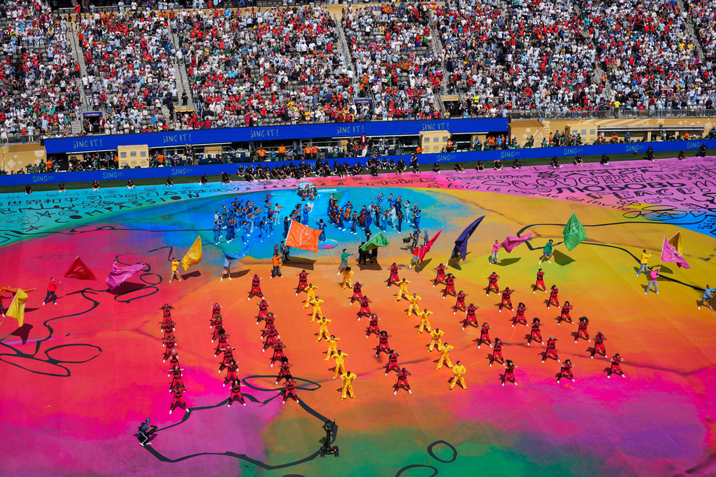 Entertainers perform during halftime of the World Cup final soccer match between Spain and Argentina in East Rutherford, N.J., near New York, Sunday, July 19, 2026. (AP Photo/Yuki Iwamura)