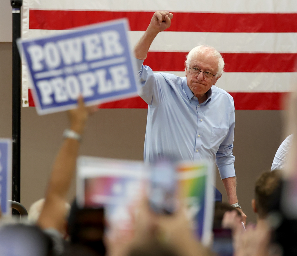 Sen. Bernie Sanders, I-Vt., walks onto the stage during a Get Out the Vote campaign event supporting Massachusetts Sen. Ed Markey in Boston, Saturday, Aug. 29, 2026. (AP Photo/Mark Stockwell)