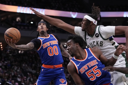 New York Knicks' Jordan Clarkson shoots past Milwaukee Bucks' Myles Turner during the first half of an NBA basketball game Tuesday, Oct. 28, 2025, in Milwaukee. (AP Photo/Morry Gash) New York Knicks' Jordan Clarkson shoots past Milwaukee Bucks' Myles Turner during the first half of an NBA basketball game Tuesday, Oct. 28, 2025, in Milwaukee. (AP Photo/Morry Gash)
