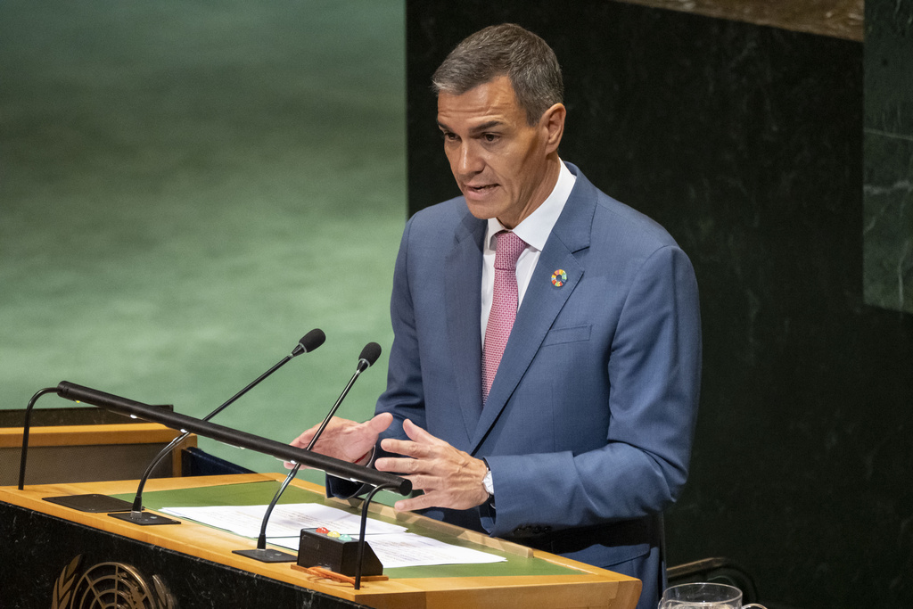 Spain's Prime Minister Pedro Sanchez speaks during a high-profile meeting at the United Nations aimed at galvanizing support for a two-state solution to the Israeli-Palestinian conflict, Monday, Sept. 22, 2025, at U.N. headquarters. (AP Photo/Yuki Iwamura)