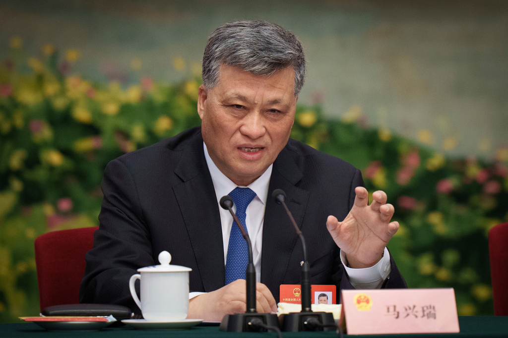 FILE - Ma Xingrui, Party Secretary of Xinjiang, speaks during a news conference at the Great Hall of the People in Beijing, China, Friday, March 7, 2025. (AP Photo/Vincent Thian, File)