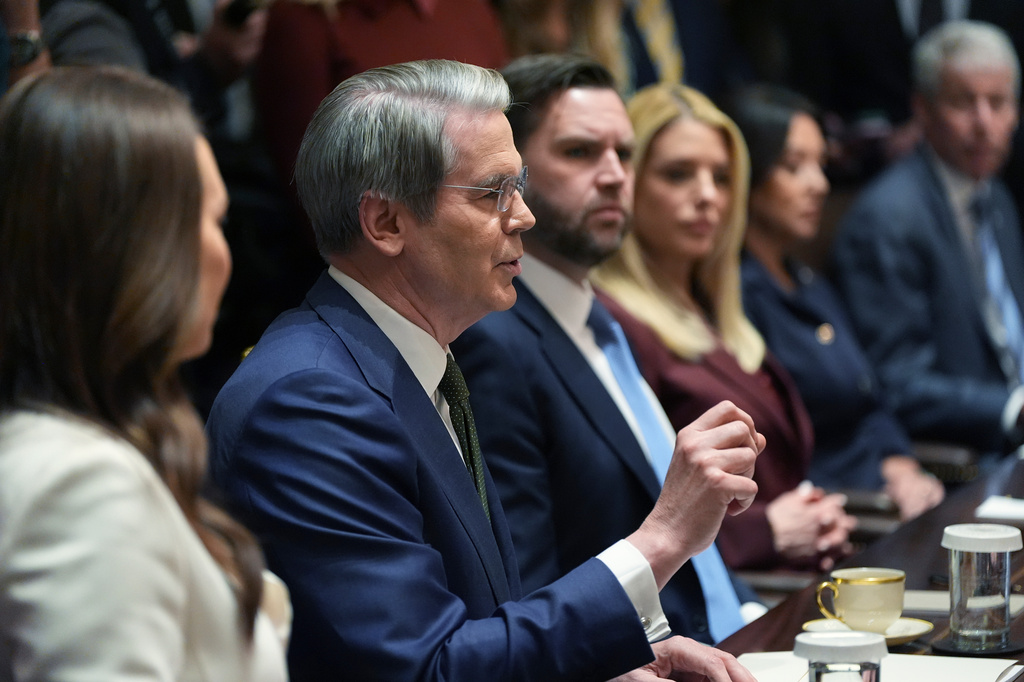 Treasury Secretary Scott Bessent speaks during a Cabinet meeting at the White House, Thursday, March 26, 2026, in Washington. (AP Photo/Alex Brandon)