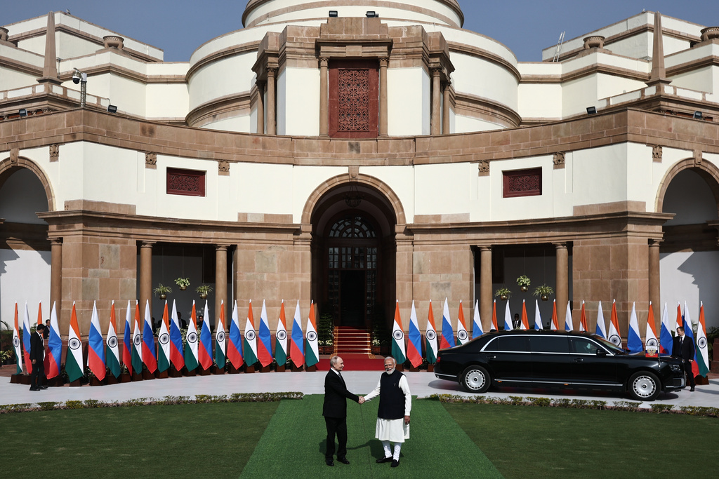 Russian President Vladimir Putin, left, and Indian Prime Minister Narendra Modi pose for a photo prior to their talks in New Delhi, India, Friday, Dec. 5, 2025. (Mikhail Tereshchenko, Sputnik, Kremlin Pool Photo via AP)