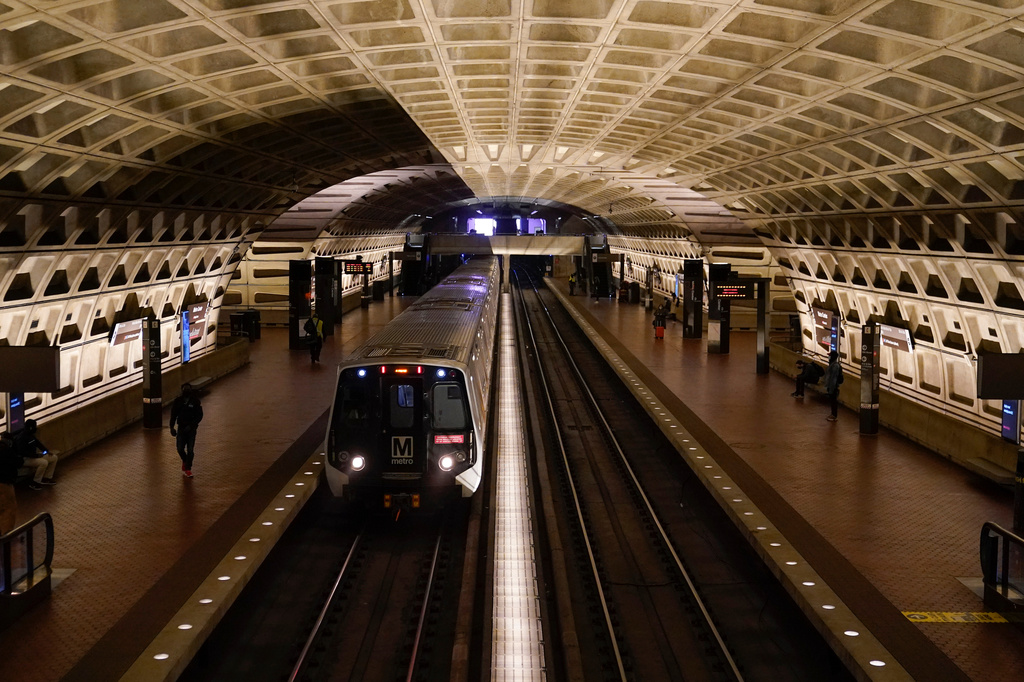 FILE - A train arrives at Metro Center station, April 23, 2021, in Washington. (AP Photo/Patrick Semansky, File)