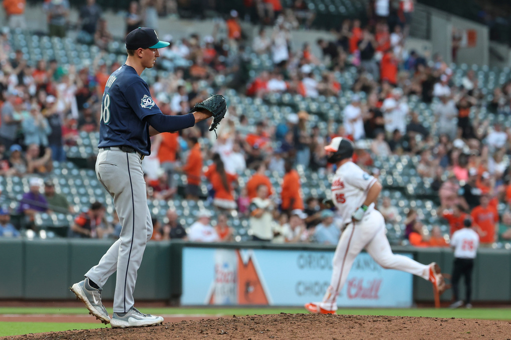 Seattle Mariners pitcher George Kirby walks back onto the mound after surrendering a home run to Baltimore Orioles' Pete Alonso during the fifth inning of a baseball game, Wednesday, June 10, 2026, in Baltimore. (AP Photo/Terrance Williams)