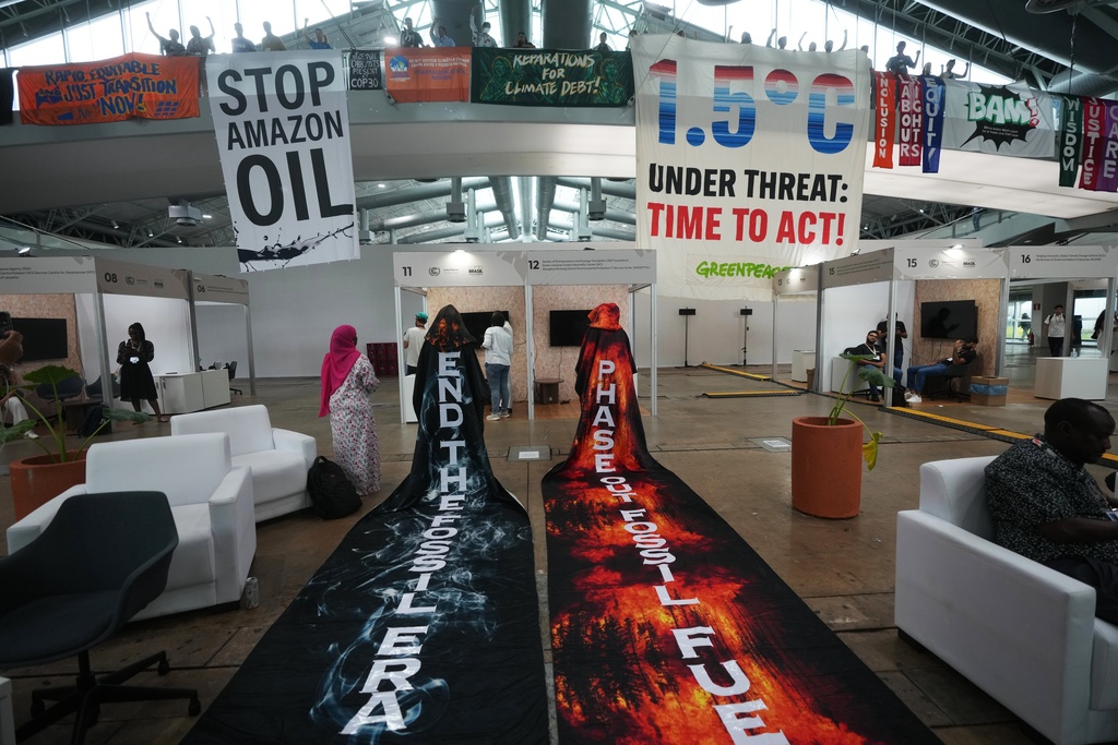 Activists hang banners while participating in a demonstration at the COP30 U.N. Climate Summit, Friday, Nov. 21, 2025, in Belem, Brazil. (AP Photo/Andre Penner)