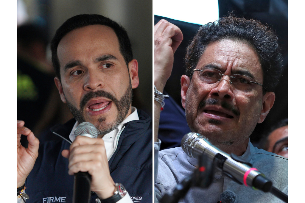 This combination of photos shows presidential candidates Abelardo de la Espriella, left, on May 6, 2026, and Iván Cepeda, on Feb. 26, 2026, on the campaign trail ahead of elections in Colombia. (AP Photo)