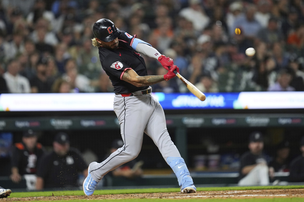 Cleveland Guardians' Gabriel Arias hits a double against the Detroit Tigers during the sixth inning of a baseball game Wednesday, Sept. 17, 2025, in Detroit. (AP Photo/Paul Sancya)