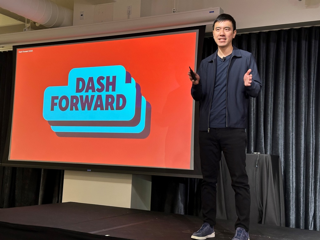 DoorDash co-founder Stanley Tang talks about a new delivery robot called Dot, Sept. 29, 2025, at DoorDash headquarters in San Francisco. (AP Photo/Michael Liedtke)
