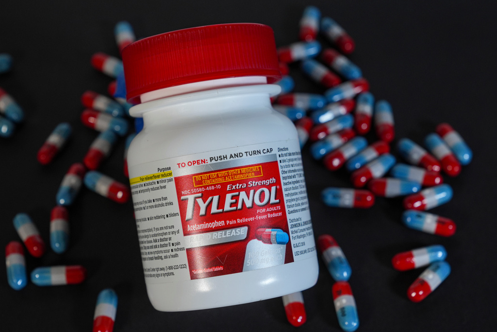 Extra Strength Tylenol is shown in Carmel, Ind., Tuesday, Sept. 23, 2025. (AP Photo/Michael Conroy)