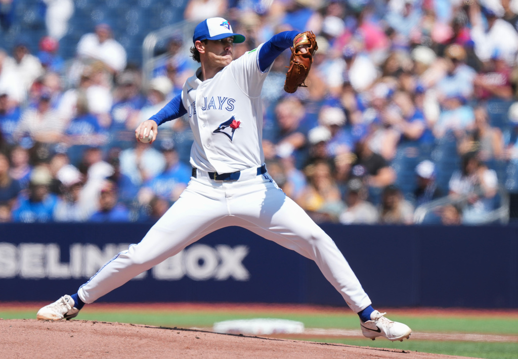 Toronto Blue Jays pitcher Shane Bieber pitches against the Tampa Bay Rays during the first inning of a baseball game in Toronto, Thursday, July 23, 2026. (Nathan Denette/The Canadian Press via AP)