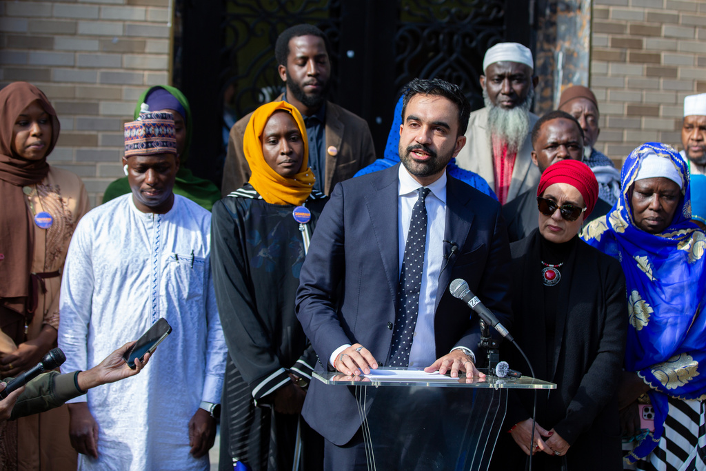 New York City Democratic mayoral candidate Zohran Mamdani speaks at the Islamic Cultural Center of the Bronx mosque in New York on Friday, Oct. 24, 2025. (AP Photo/Ted Shaffrey)