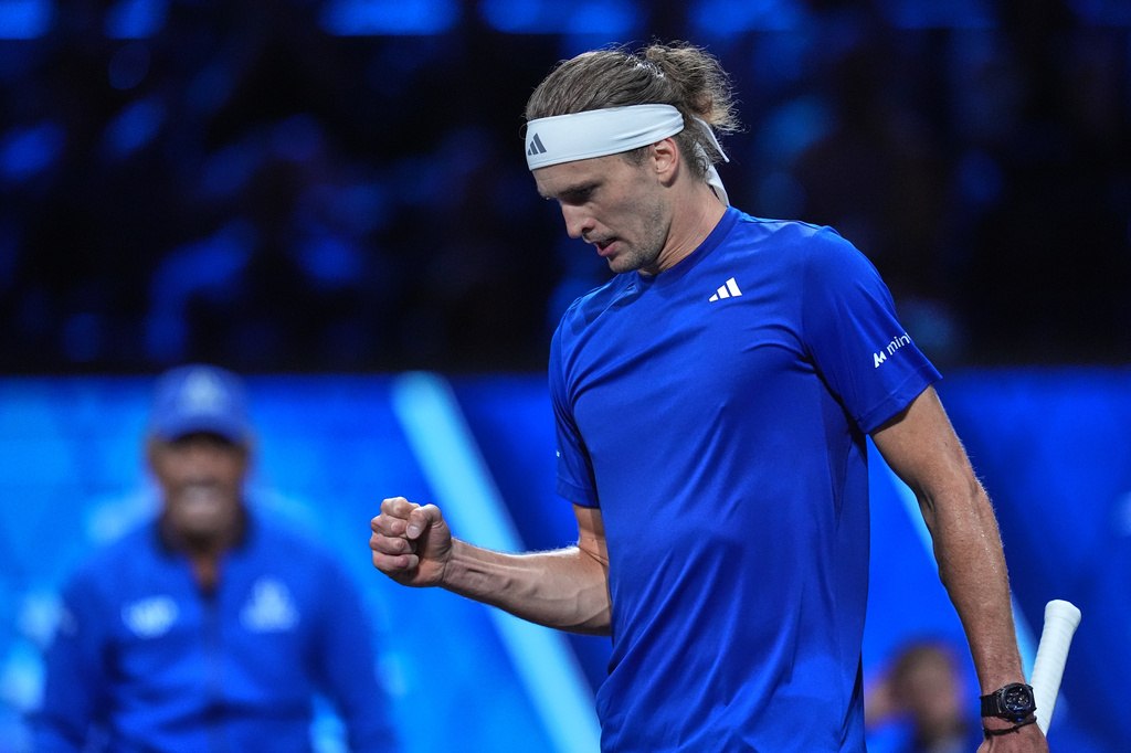 Team Europe's Alexander Zverev reacts after winning a point against Team World's Learner Tien during a Laver Cup tennis tournament match in London, Sunday, Sept. 27, 2026. (AP Photo/Maja Smiejkowska)