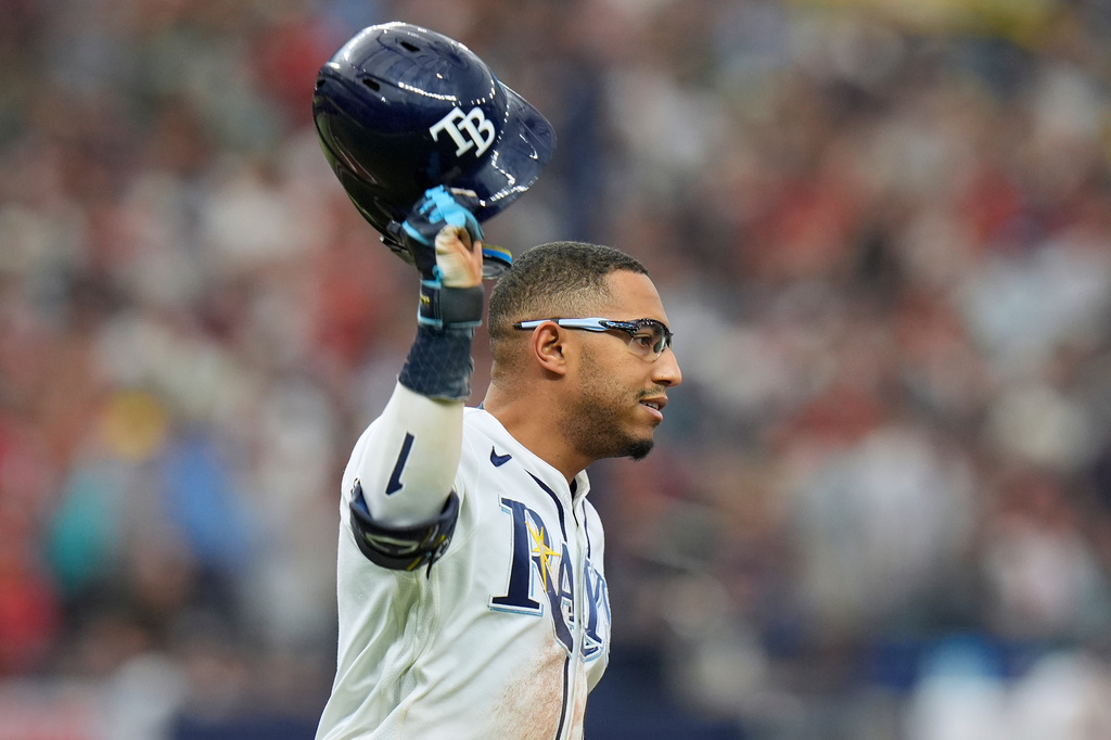 Tampa Bay Rays' Richie Palacios celebrates his walkoff single off Boston Red Sox pitcher Garrett Whitlock during the ninth inning of a baseball game Saturday, Sept. 19, 2026, in St. Petersburg, Fla. (AP Photo/Chris O'Meara)