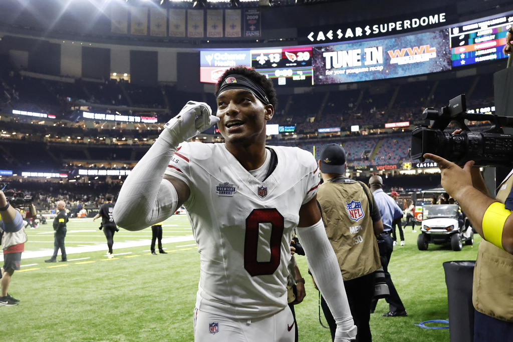 Arizona Cardinals cornerback Will Johnson pump his fist as he walks off the field after an NFL football game against the New Orleans Saints Sunday, Sept. 7, 2025, in New Orleans. (AP Photo/Butch Dill)