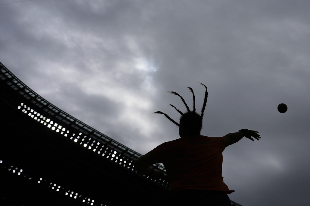 Netherlands' Jorinde Van Klinken makes an attempt in the women's shot put qualification at the World Athletics Championships in Tokyo, Saturday, Sept. 20, 2025. (AP Photo/Matthias Schrader)