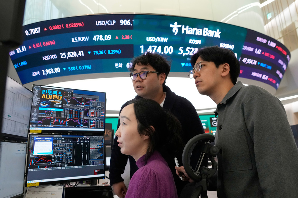Currency traders watch monitors near a screen showing the Korea Composite Stock Price Index (KOSPI), top center, and the foreign exchange rate between U.S. dollar and South Korean won, top center left, at the foreign exchange dealing room of the Hana Bank headquarters in Seoul, South Korea, Friday, March 6, 2026. (AP Photo/Ahn Young-joon)