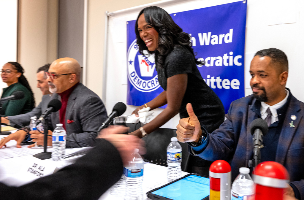 From left, candidates, State Rep. Morgan Cephas; physician David Oxman; State Rep. Chris Rabb; physician Ala Stanford and State Sen. Sharif Street appear at a forum hosted by the 9th Ward Democratic Committee in Mt. Airy Thursday, Dec. 4, 2025 in Philadelphia. (Tom Gralish /The Philadelphia Inquirer via AP)