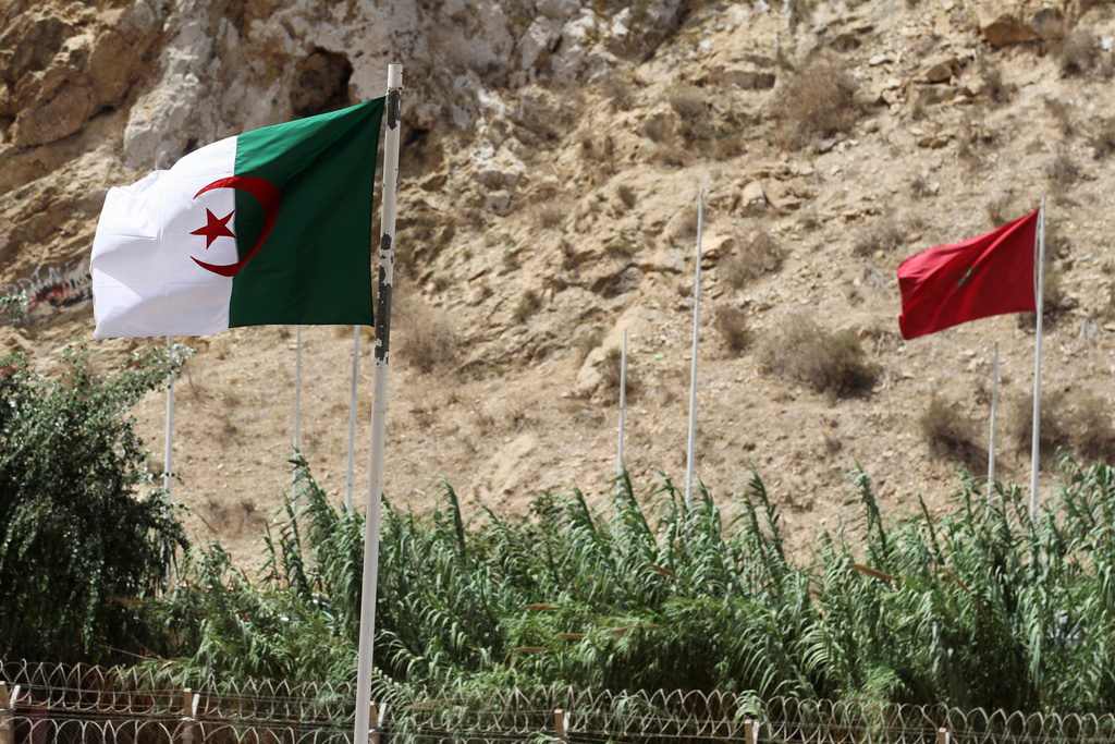 FILE - A view of Algerian and Moroccan flags along the closed border with Morocco, in the town of Marsa Ben M'Hidi, Algeria, Aug. 11, 2023. (AP Photo, File)