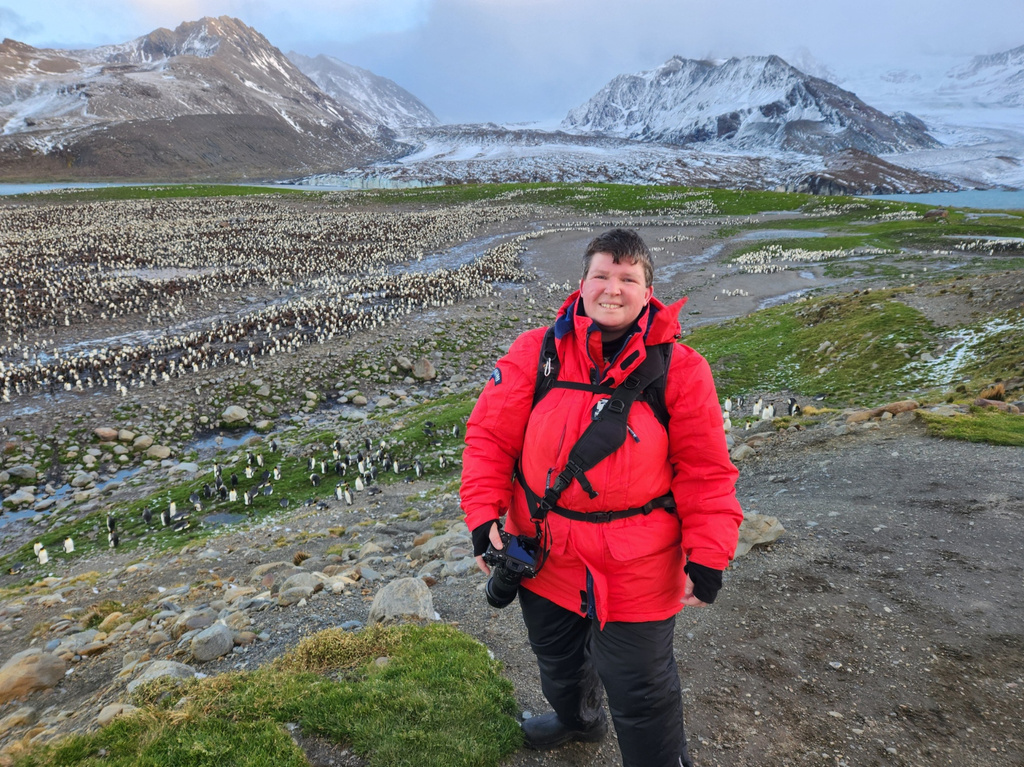 This photo provided by Angela Perryman shows her on South Georgia Island in 2026. (Courtesy Angela Perryman via AP)