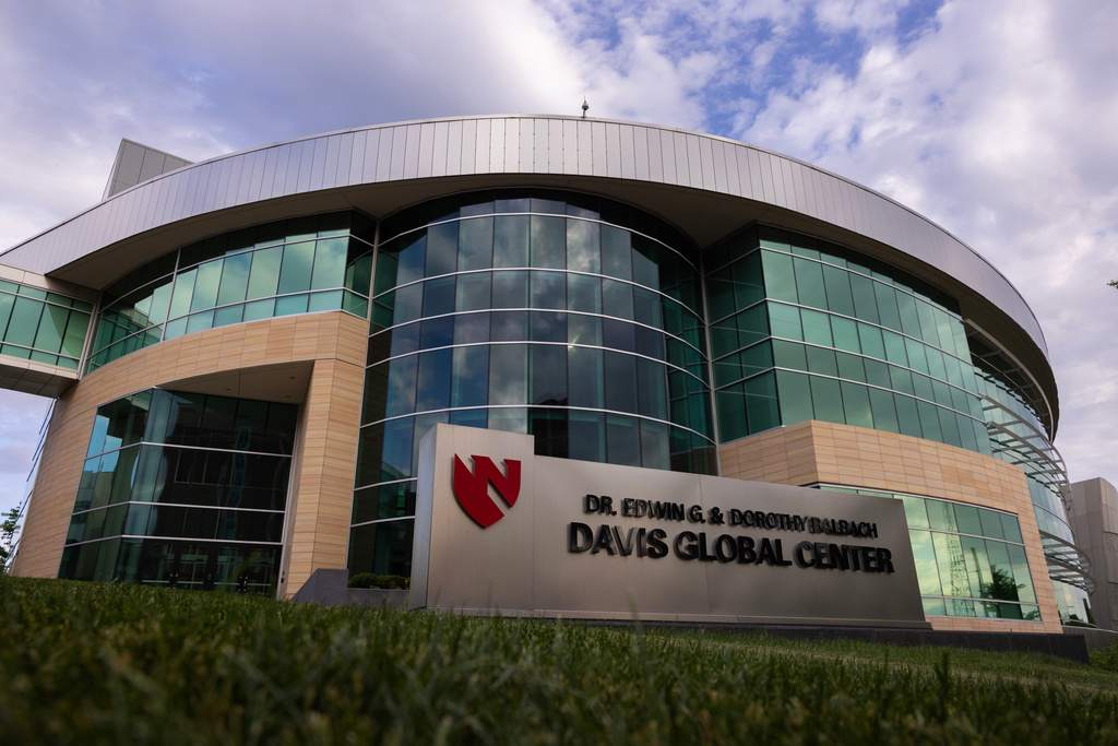 Nebraska Medicine's Davis Global Center is seen on Sunday, May 10,2026 in Omaha, Neb. where American passengers from the hantavirus-stricken cruise ship will quarantine. (AP Photo/Rebecca S. Gratz)