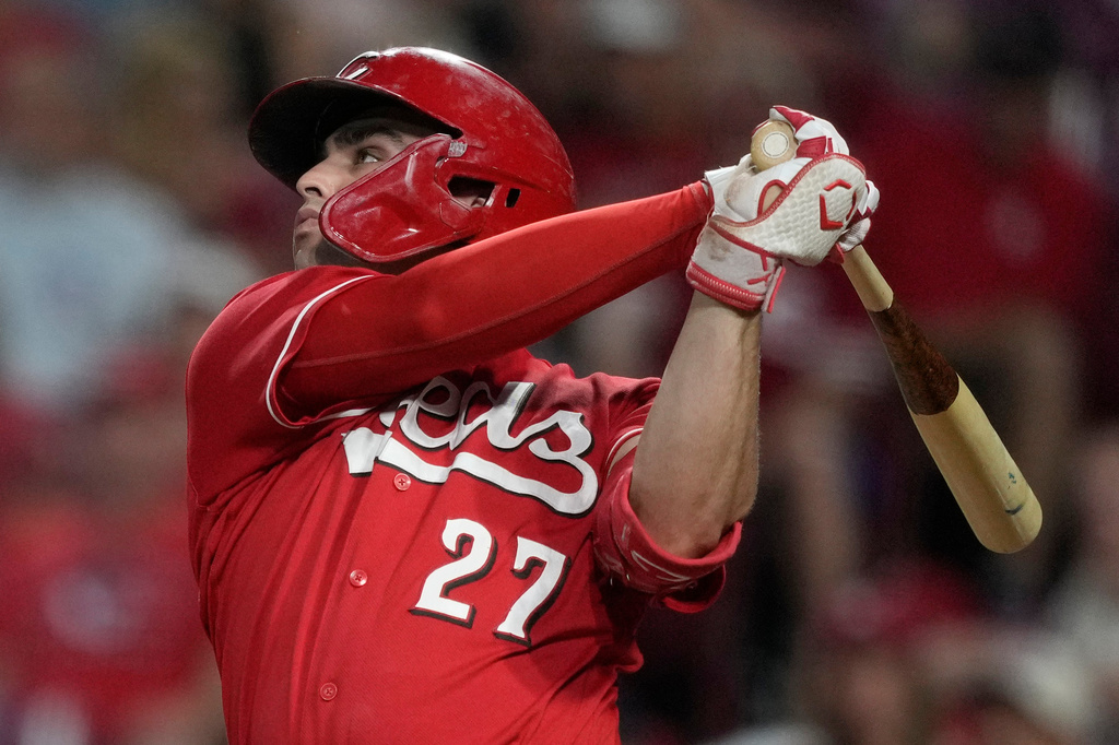 Cincinnati Reds' Sal Stewart watches his three-run homer the sixth inning of a baseball game against the St. Louis Cardinals, Wednesday, Aug. 19, 2026, in Cincinnati. (AP Photo/Carolyn Kaster)