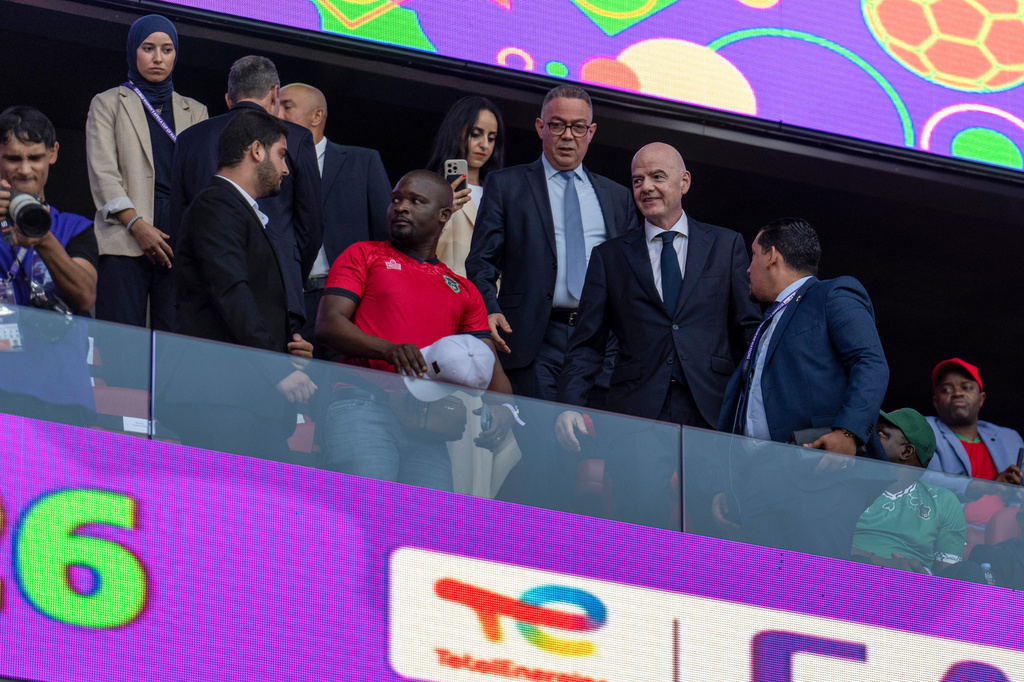 FIFA president Gianni Infantino attends the Women AFCON 2026 final soccer match between Cameroon and Malawi, in Rabat, Morocco, Sunday, Aug. 16, 2026. (AP Photo)