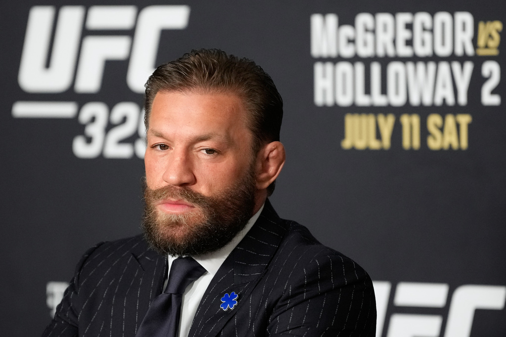Conor McGregor speaks during a news conference for the UFC 329 mixed martial arts event Wednesday, July 8, 2026, in Las Vegas. (AP Photo/John Locher)