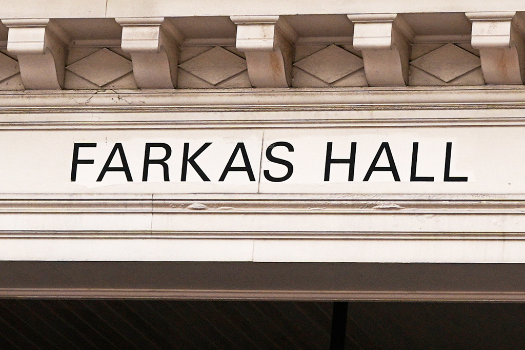 A sign is displayed on Farkas Hall, which was endowed by Harvard University alum Andrew Farkas, Friday, Jan. 31, 2025, in Cambridge, Mass. (AP Photo/Charles Krupa, File)