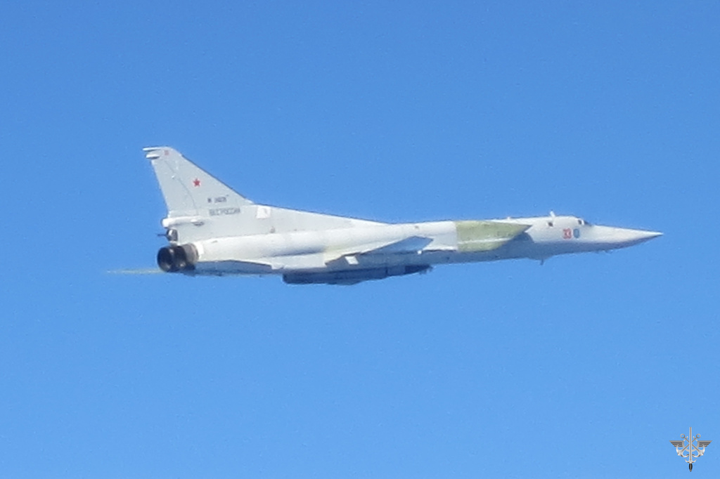In this photo, provided by the French Army on Monday, April 20, 2026, a Russian supersonic Tu-22M3 strategic bomber flies over the Baltic Sea. (Etat-Major des Armees via AP)