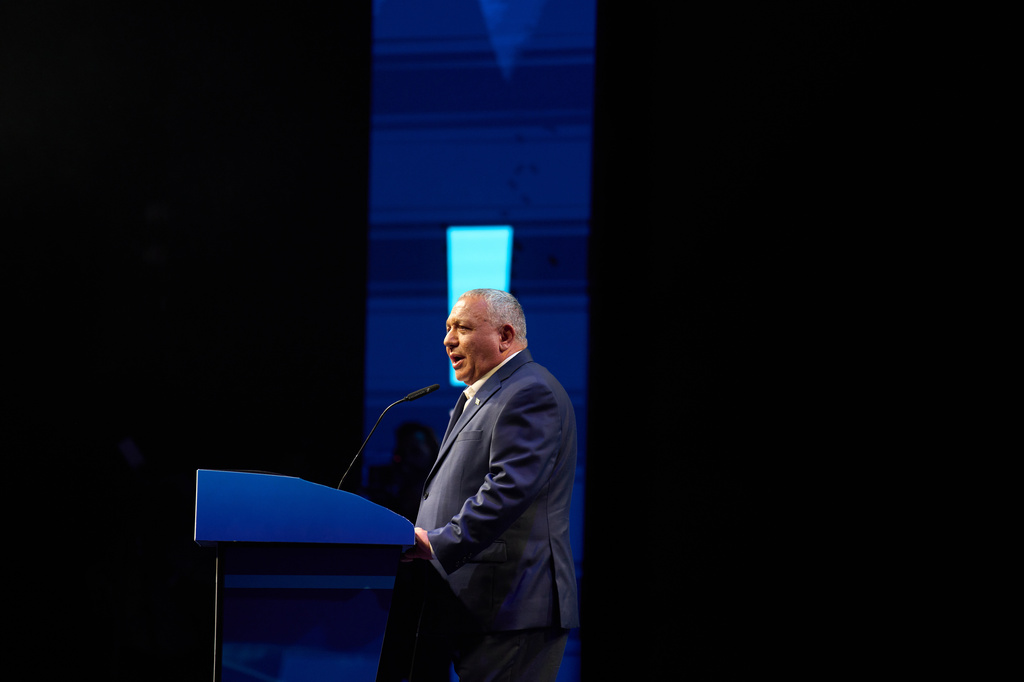 Gadi Eisenkot, former Israeli military Chief of Staff and leader of the centrist party Yashar ("Straight"), speaks at the Drom HaSharon Regional Council in Israel during the launch of his party's election campaign Tuesday, June 30, 2026. (AP Photo/Ariel Schalit)