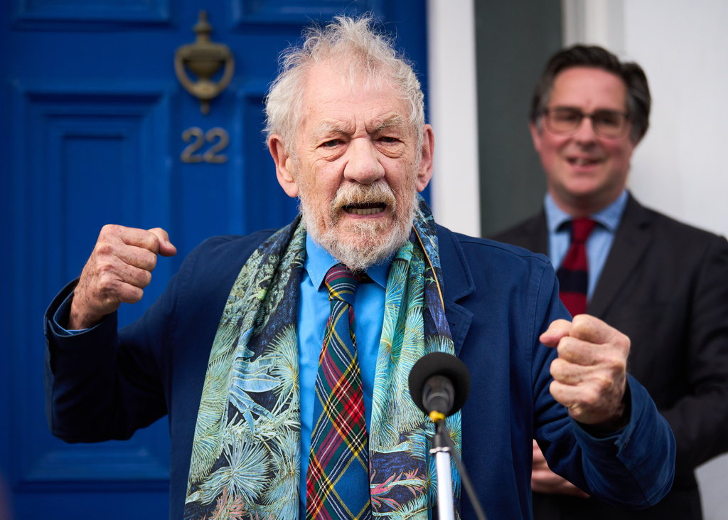 Ian McKellan speaks at the unveiling of a Blue Plaque for Laurence Olivier in London, England, Wednesday, June 10, 2026. (Photo by Scott A Garfitt/Invision/AP)