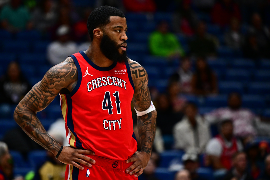New Orleans Pelicans guard/forward Saddiq Bey looks on in the first half of an NBA basketball game against the Minnesota Timberwolves in New Orleans, Thursday, Dec. 4, 2025. (AP Photo/Ella Hall)