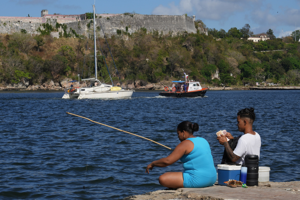 One of two sailboats carrying humanitarian aid organized by activists with an international organization that departed from Mexico arrives in Havana, Cuba, Saturday, March 28, 2026. (AP Photo/Ramon Espinosa)