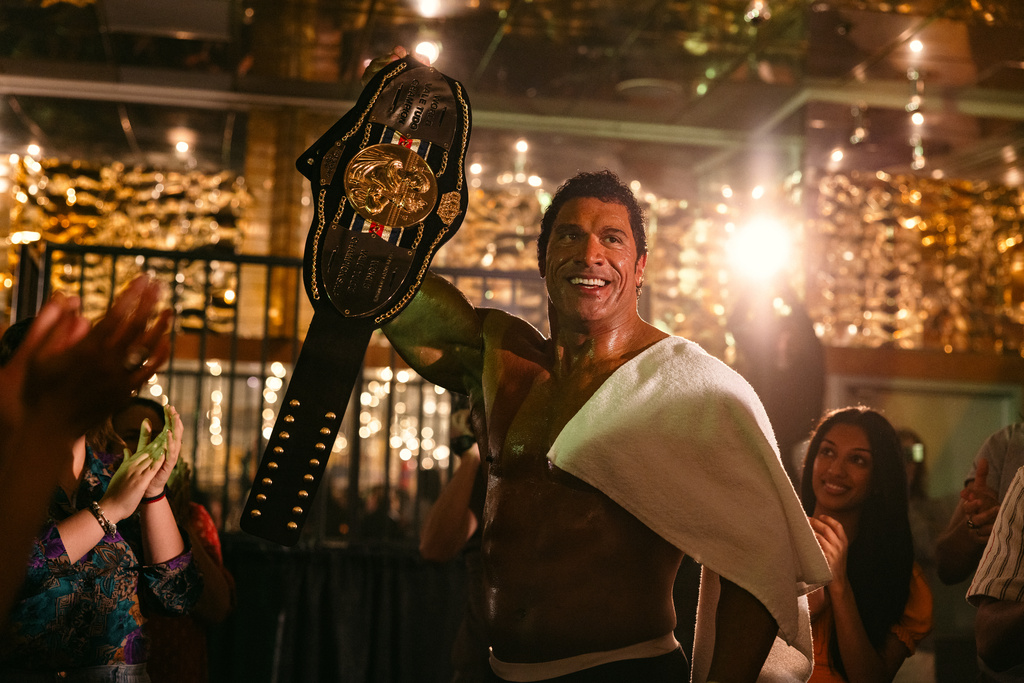 This image released by A24 shows Dwayne Johnson in a scene from "The Smashing Machine." (Eric Zachanowich/A24 via AP)