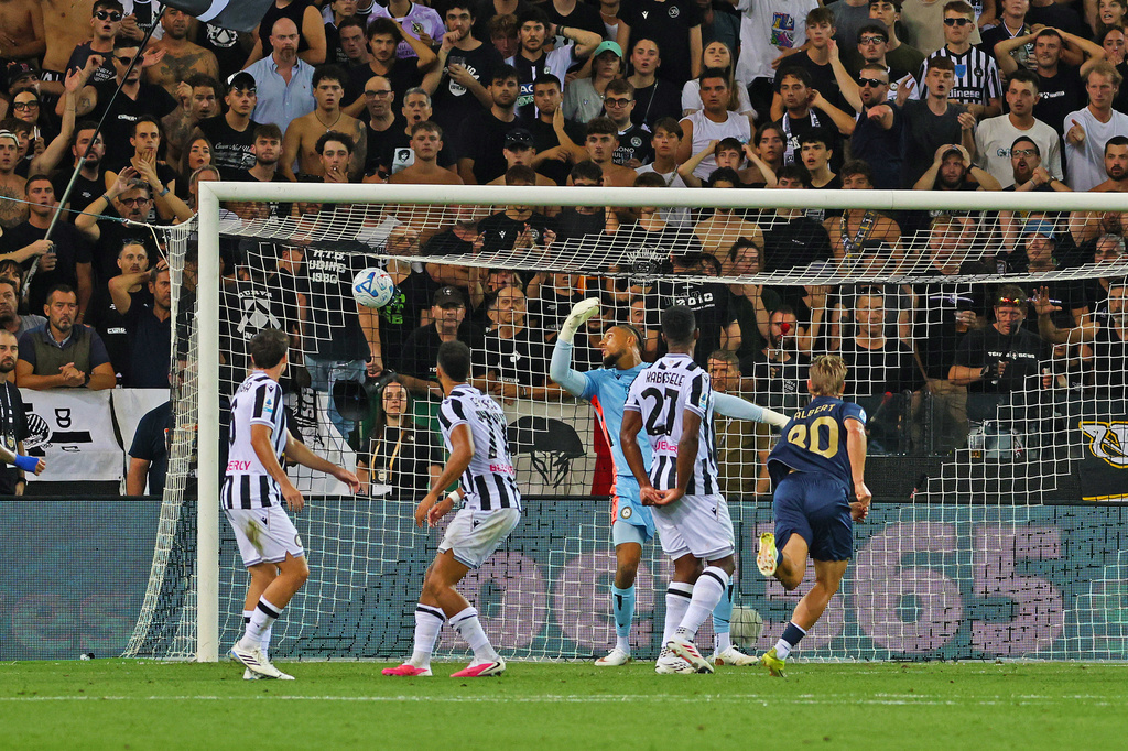 Lazio's Albert Gudmundsson, right, celebrates scoring during the Serie A soccer match between Udinese and Lazio in Udine, Italy, Monday Sept. 7, 2026. (Andrea Bressanutti/LaPresse via AP)