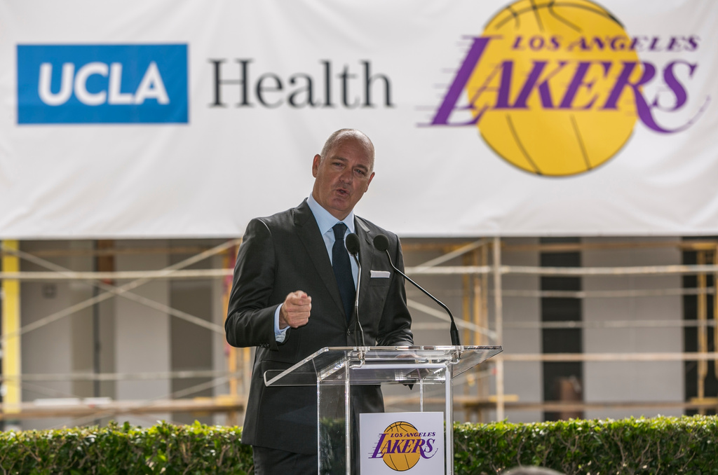 FILE - Los Angeles Lakers Chief Operating Officer Tim Harris speaks in El Segundo, Calif., Aug 31, 2016. (AP Photo/Damian Dovarganes, File)