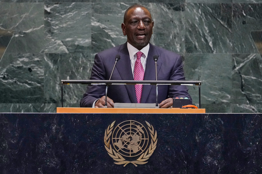 Kenya President William Ruto addresses the 80th session of the United Nations General Assembly, Wednesday, Sept. 24, 2025. (AP Photo/Richard Drew)