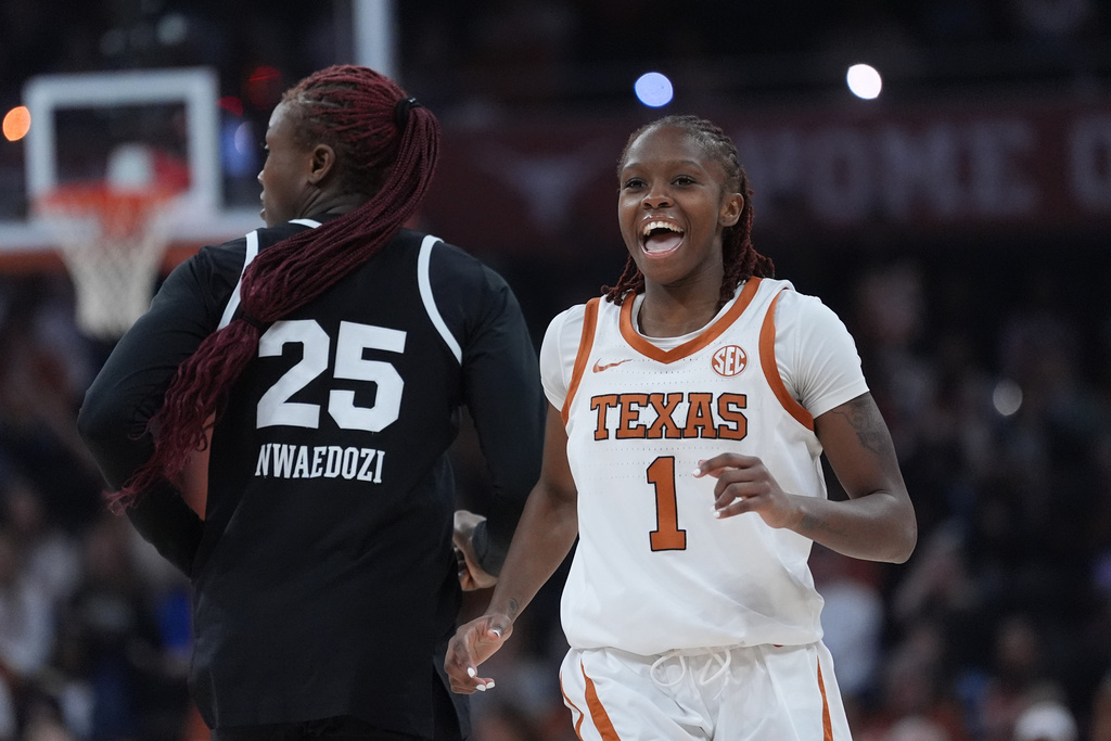 Texas guard Bryanna Preston (1) reacts to a score against Mississippi State during the second half of an NCAA college basketball game in Austin, Texas, Sunday, Feb. 22, 2026. (AP Photo/Eric Gay)