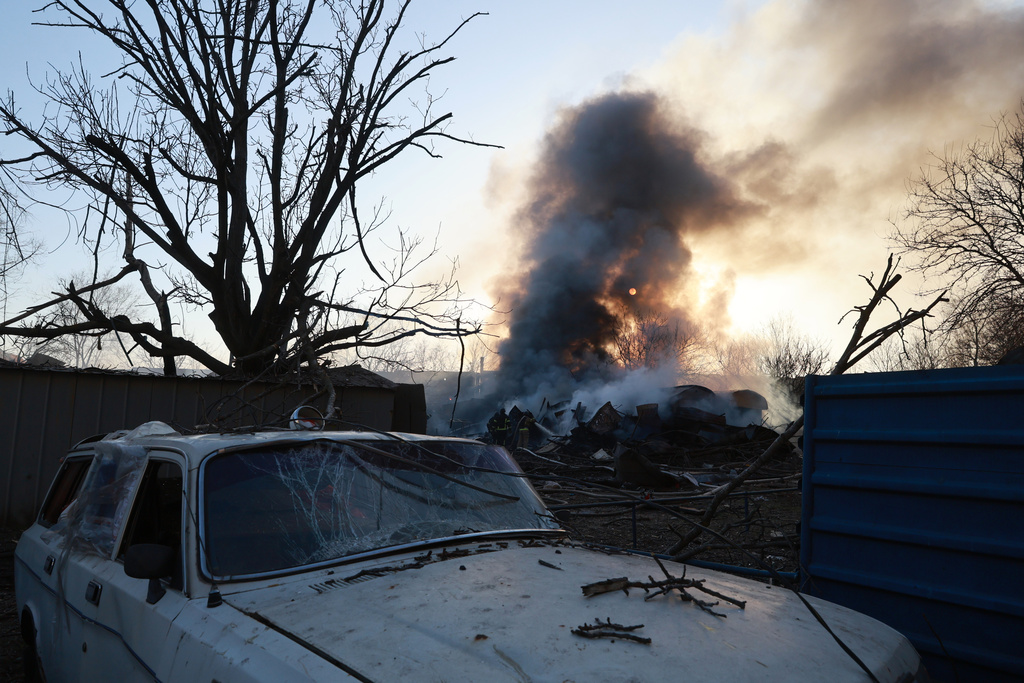 A private house burns following Russian aerial guided bomb strike in Zaporizhzhia, Ukraine, Saturday, March 14, 2026. (AP Photo/Kateryna Klochko)