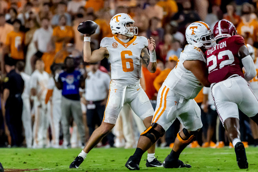 Tennessee quarterback Joey Aguilar (6) throws the ball against Alabama during the first half of an NCAA college football game Saturday, Oct. 18, 2025, in Tuscaloosa, Ala. (AP Photo/Vasha Hunt) Tennessee quarterback Joey Aguilar (6) throws the ball against Alabama during the first half of an NCAA college football game Saturday, Oct. 18, 2025, in Tuscaloosa, Ala. (AP Photo/Vasha Hunt)