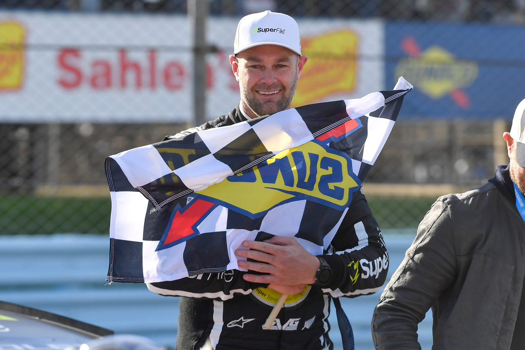 Shane Van Gisbergen celebrates after winning a NASCAR Cup Series auto race, Sunday, May 10, 2026, in Watkins Glen, N.Y. (Photo/Adrian Kraus)