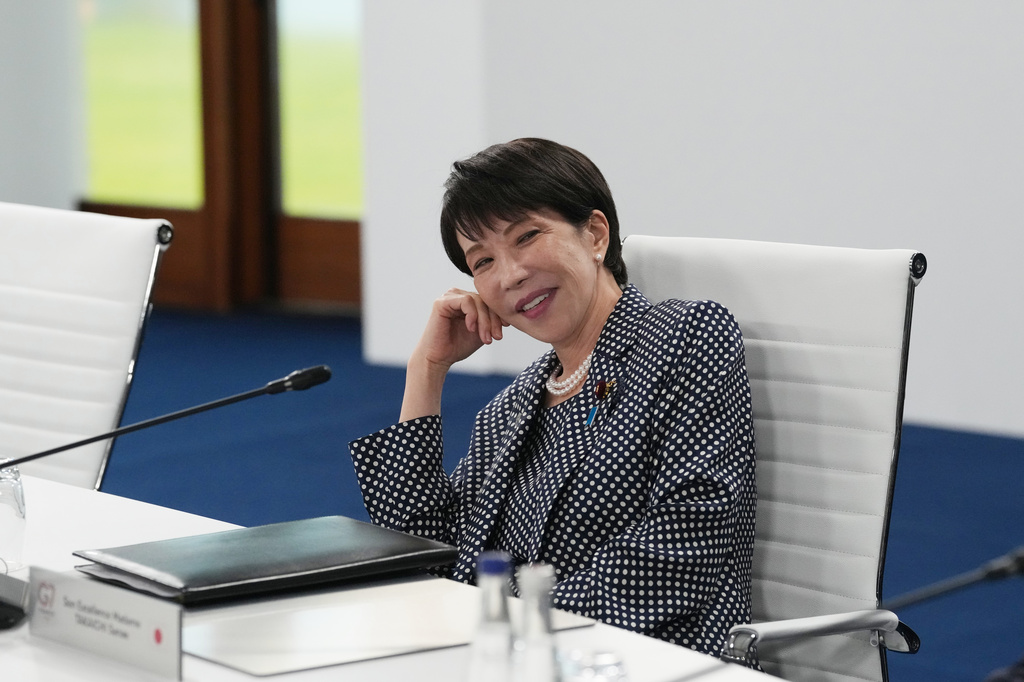 Japan's Prime Minister Sanae Takaichi during a working session at the G7 summit in Evian-les-Bains, France, Wednesday, June 17, 2026. (AP Photo/Thibault Camus)