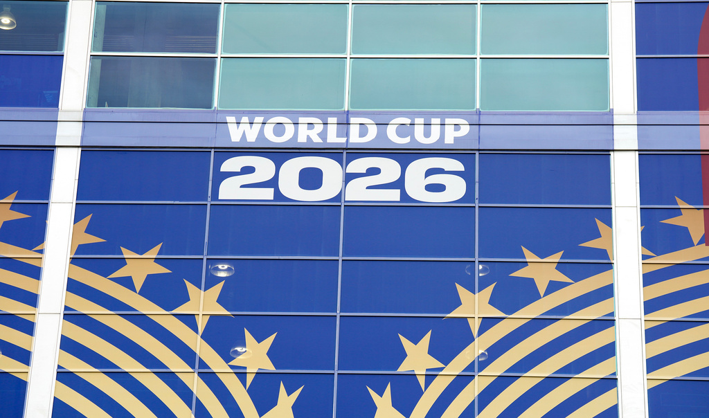 FIFA World Cup signage is displayed outside of Houston Stadium, Wednesday, May 27, 2026, in Houston, ahead of the 2026 FIFA World Cup soccer matches. (AP Photo/Karen Warren)