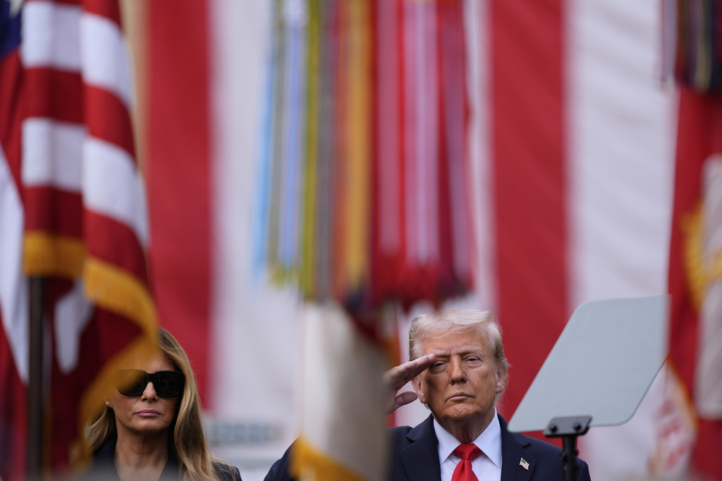 President Donald Trump and first lady Melania Trump attend a ceremony at the Pentagon to commemorate the 24rd anniversary of the 9/11 attacks, Thursday, Sept. 11, 2025, in Washington. (AP Photo/Julia Demaree Nikhinson)