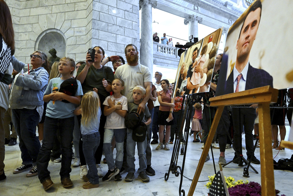 Members of the community gather at the Capitol in Salt Lake City to honor Charlie Kirk after he was shot at an event at Utah Valley University and later died at a local hospital, on Wednesday, Sept. 10, 2025. (Scott G Winterton/The Deseret News via AP)